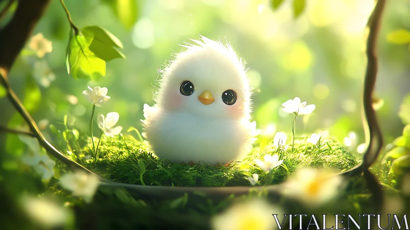 Fluffy white chick glows softly in sunlit forest nest