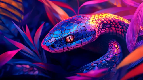 Neon-toned snake in stylized foliage under colored light.