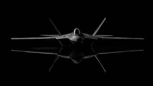 Stealth fighter jet front silhouette over reflective black surface.
