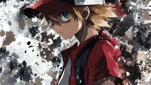 Teen boy in red cap stares sideways against splattered backdrop