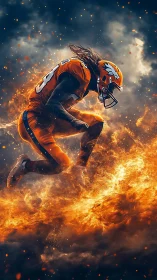 Dynamic football player rendered in blazing atmospheric fire effects