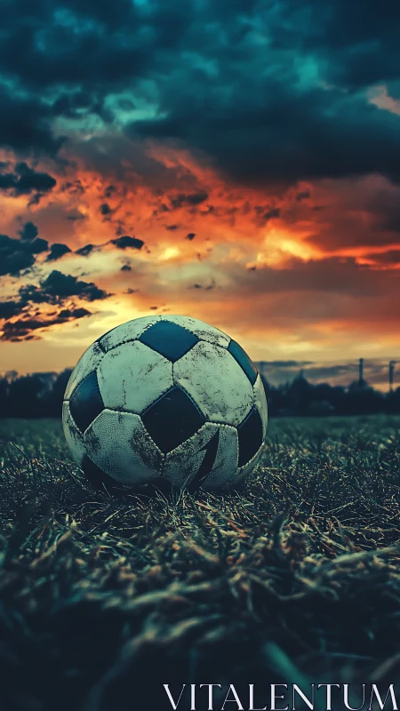 Battle-scarred soccer ball under storm-dyed sunset sky.