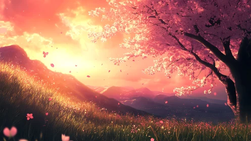 Sunset backlit cherry tree on alpine meadow ridge in spring