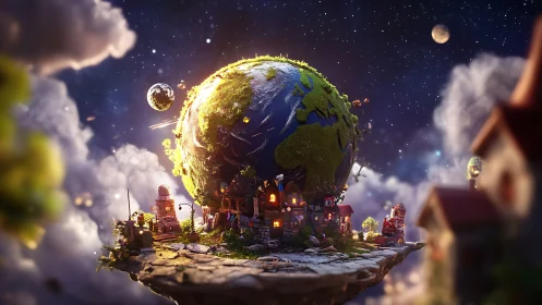 Tiny orbiting village cuddles a mossy storybook planet.