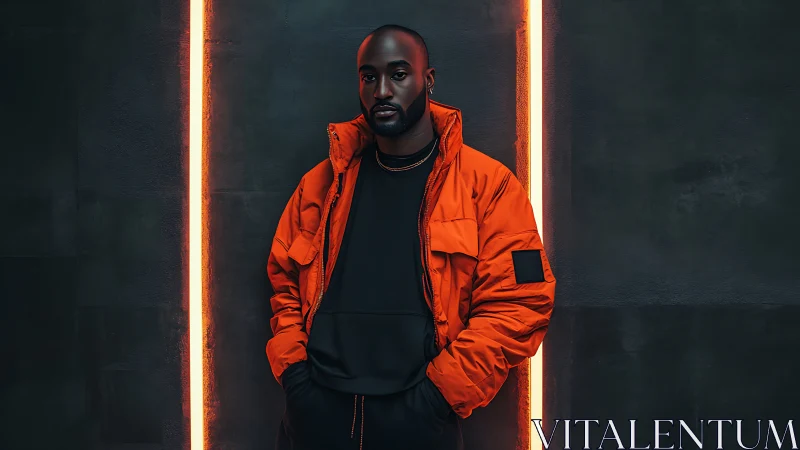 Man in orange jacket against neon vertical light bars.