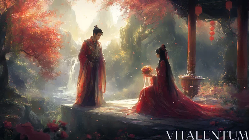 Romantic couple in red beneath glowing autumn blossoms.