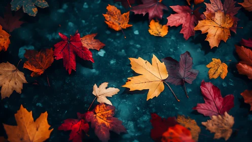 Autumn maple leaves on dark wet ground with controlled shallow focus