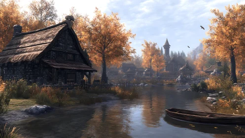 Cozy riverside cottage in golden autumn village calm.