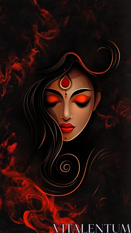 Fiery goddess portrait with red flames on dark void.