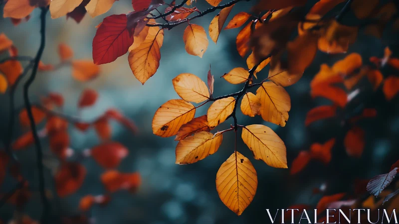 Autumn leaves on tree branch with moody blurred background.