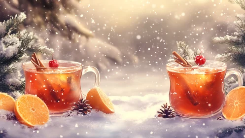 Winter citrus mulled tea with glass mugs in snowfall.