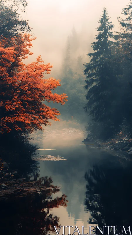 Autumn river cuts through misty forest under soft dawn light.