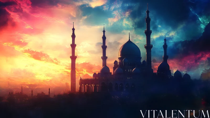Silhouette of grand mosque under vivid sunset sky.