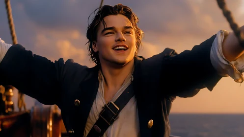 Sunlit sailor exults on ship bow under warm ocean sunset.