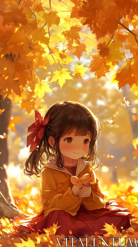Child seated under autumn foliage holding leaf figure.