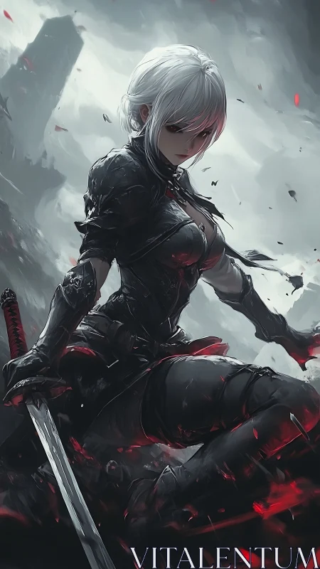 Silver-haired warrior kneels in stormlit ruin with drawn blade