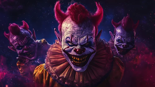 Sinister trio of demonic clowns in cosmic darkness.