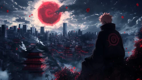 Solitary anime figure over storm city under red spiral sun.