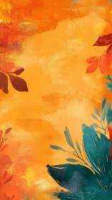 Autumn foliage abstraction with teal botanical silhouettes.