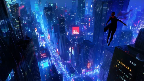 Neon-cloaked hero drifting above electrified midnight city.