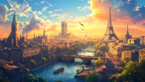 Golden hour Paris skyline glows gently above the river