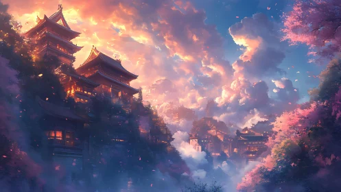 Sunlit mountain temples within drifting sakura clouds.