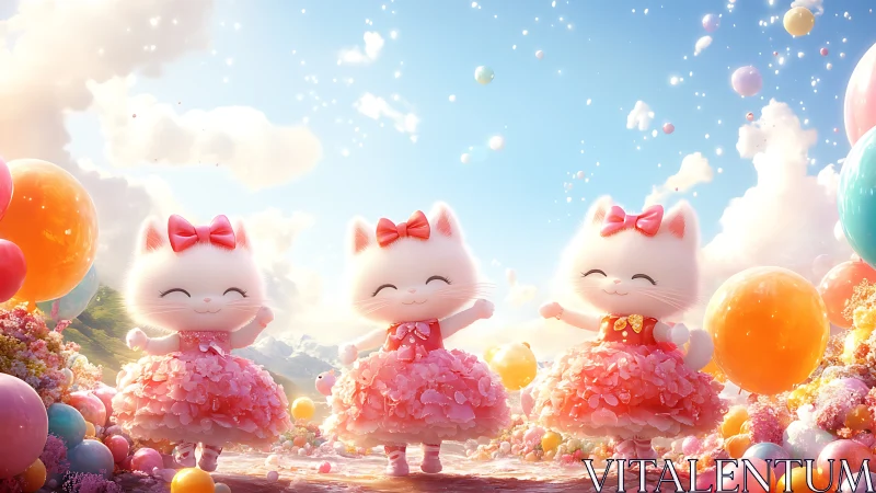 Three Cute Kittens in Pink Dresses Among Colorful Bubbles