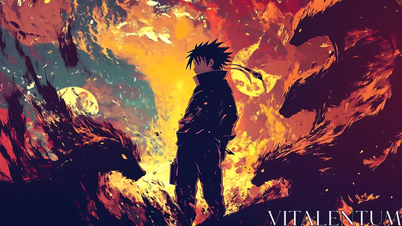 Lone warrior amid flaming wolf spirits under burning sky.