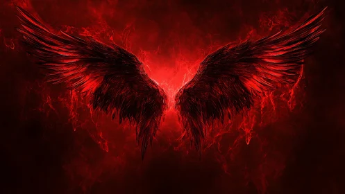 Dark red feathered wings spread against glowing background.