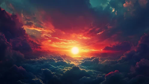 Digital rendering of sun over dense stratified cloud field.