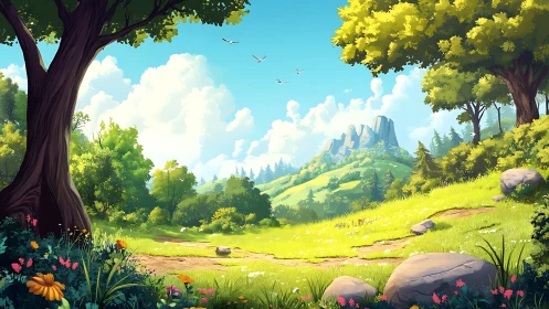 Panoramic valley landscape with ancient trees, stratified geology, aerial perspective