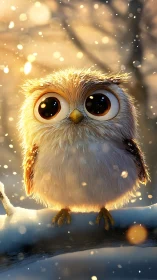 Snow-dusted baby owl glowing in golden winter hush.