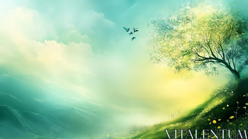 Morning light drifts over a dreamy hillside tree and quiet sky