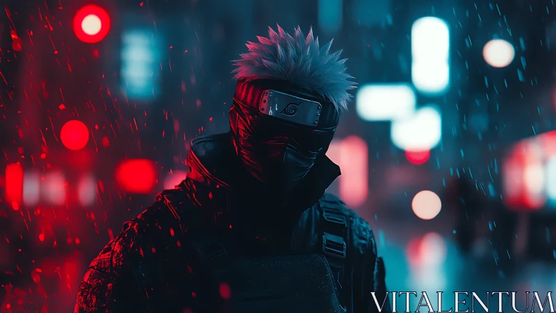 Masked white-haired ninja in neon city rain at night.