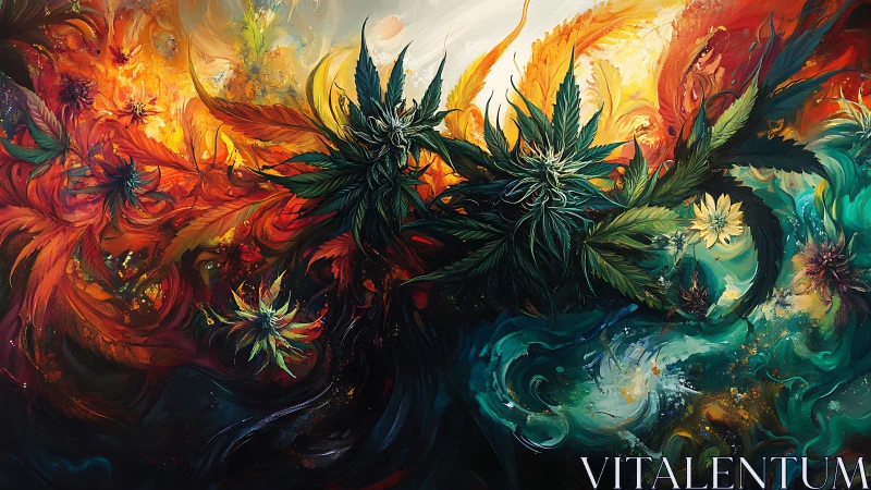 Cannabis foliage arcs through swirling fire and water fields