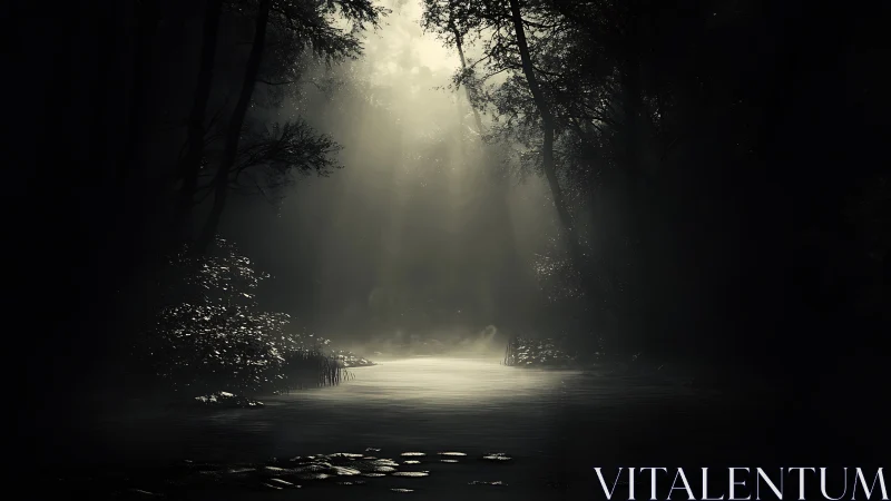 Volumetric light beams over shadowed forest waterway.