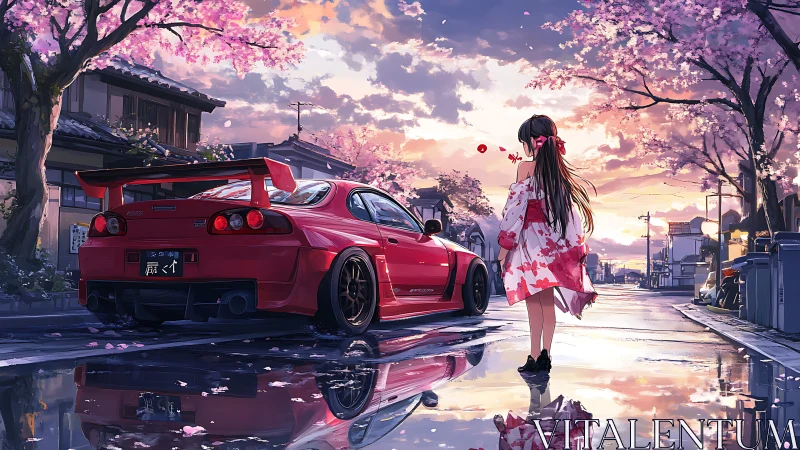 Girl in yukata beside tuned red car at cherry blossom street.