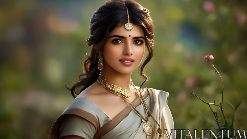 Elegant woman in saree with gold jewelry in soft garden light.