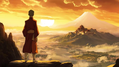 Cinematic digital vista with monk overlooking sunrise citadel.