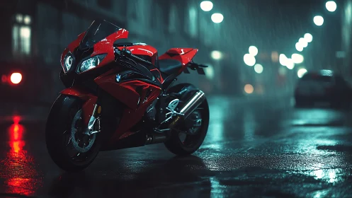 Red superbike stands under rain on wet neon city street