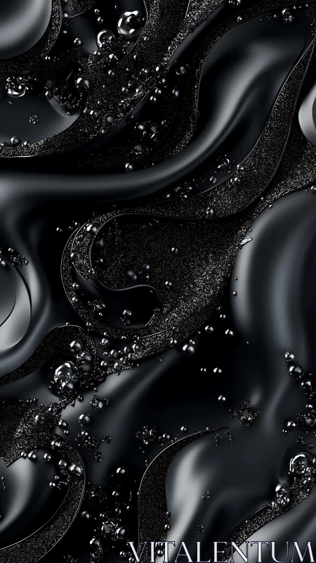 Glossy black liquid waves with reflective droplets texture.