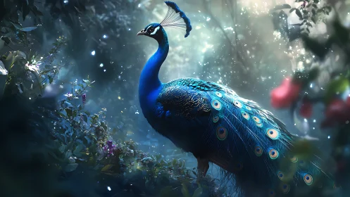 Bioluminescent forest peafowl under volumetric god-rays.