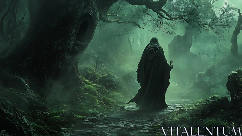 Hooded necromancer traversing mist-laden mossy forest path