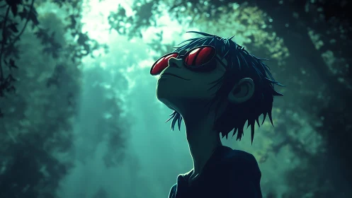 Backlit stylized boy with red goggles under diffuse forest canopy