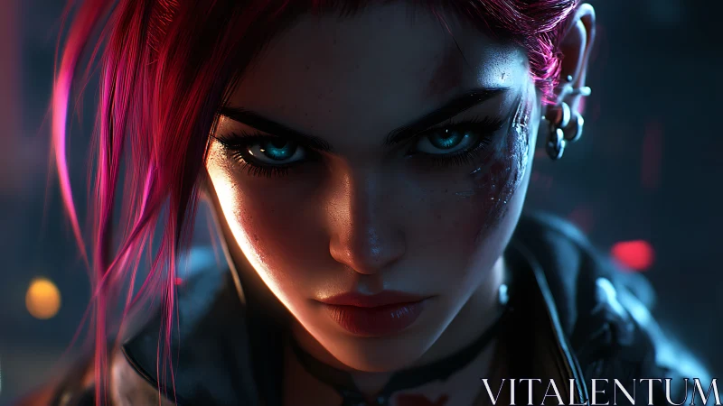 Cyberpunk heroine with scarred skin, neon rim light, and hard focus