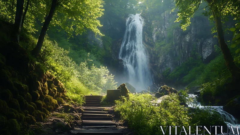 Sunlit forest path leading to a gentle, misty waterfall.