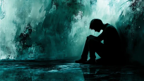 Silhouetted figure in cyan abstract space conveys isolated mood