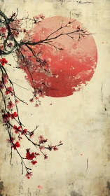 Cherry branches sketch a quiet orbit around a fading sun
