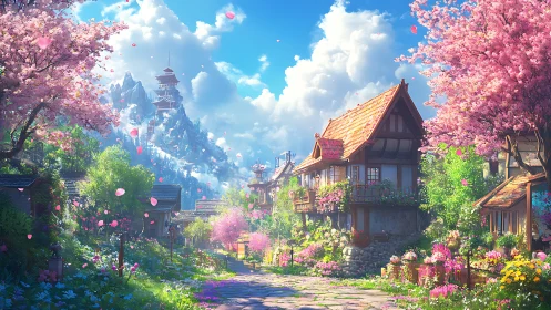 Fantasy village street under cherry blossoms and mountain temple.