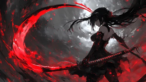 Crimson katana carves a storm halo around the lone warrior
